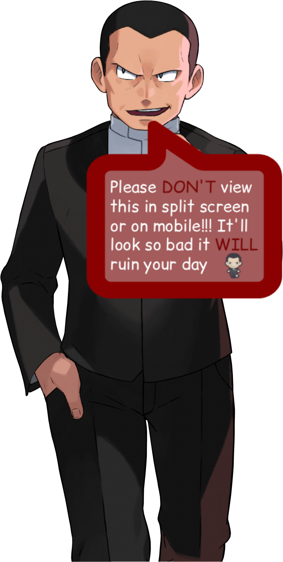 Giovanni with message saying to not view site on mobile or splitscreen